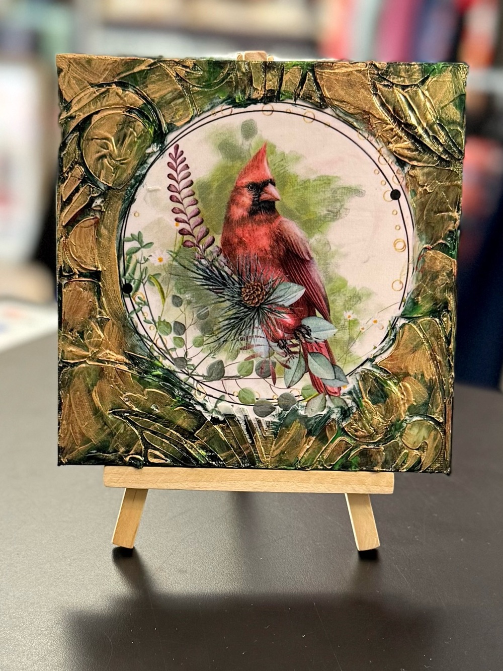 Handmade Cardinal Bird Mixed Media Collage Art On Canvas 6”x6” with mini Easel